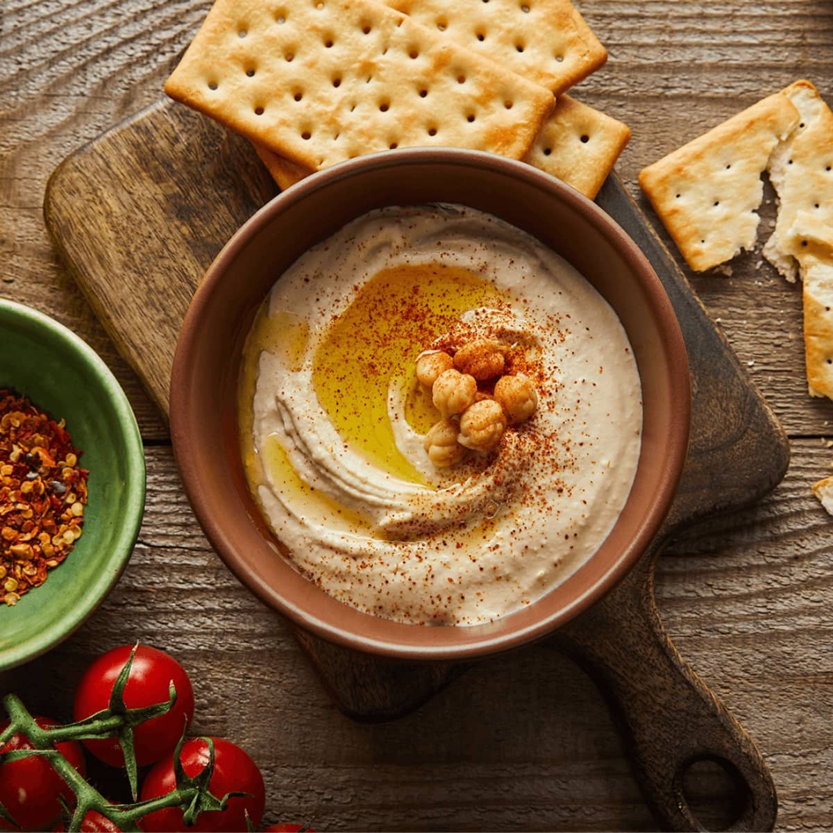 Wooden bowl of Hummus Dip surrounded by crackers.