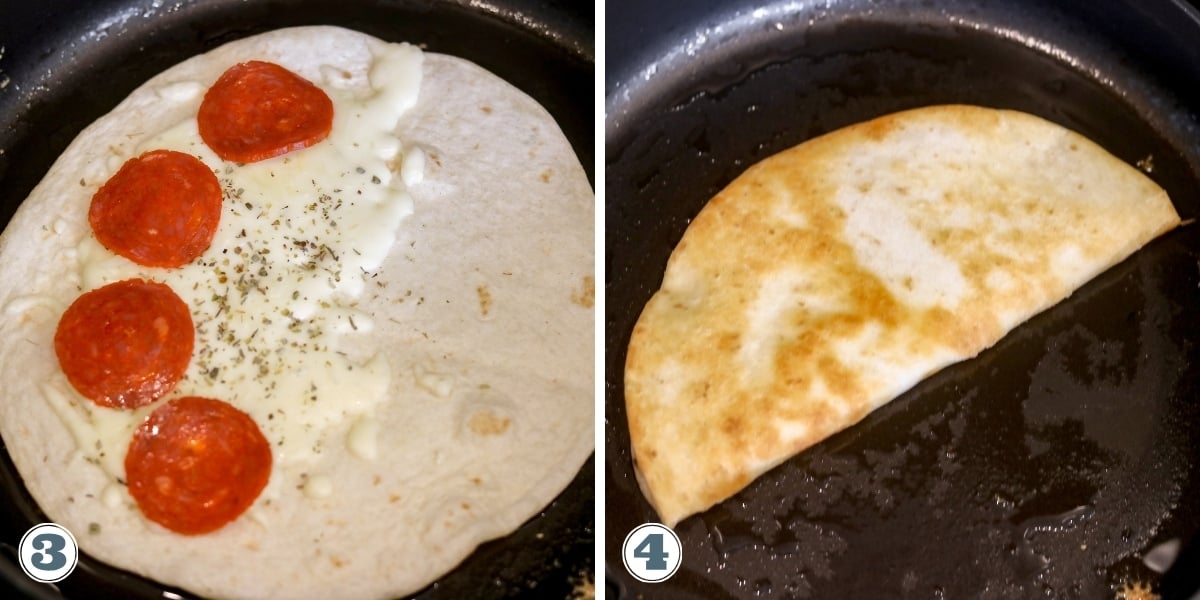 Collage of assembling the Pepperoni Pizzadilla.