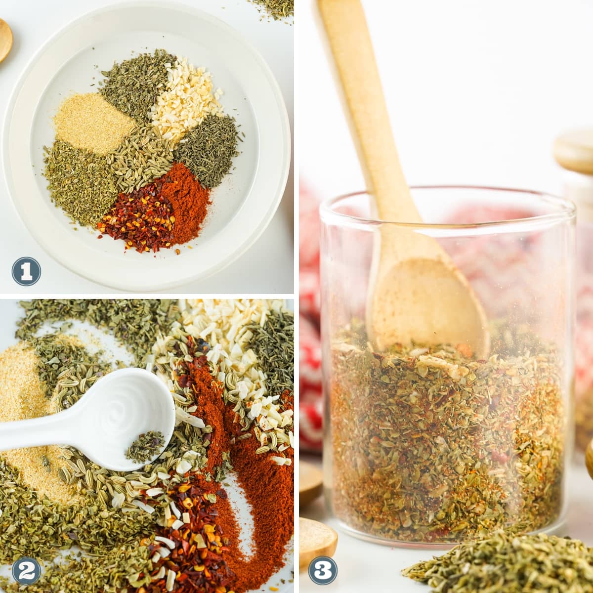 Collage of pizza seasoning getting mixed.
