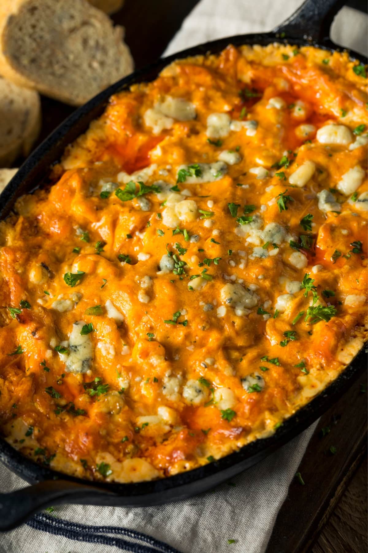 Buffalo Chicken Dip in a black pan.
