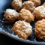 A cast iron pan with Turkey meatballs.