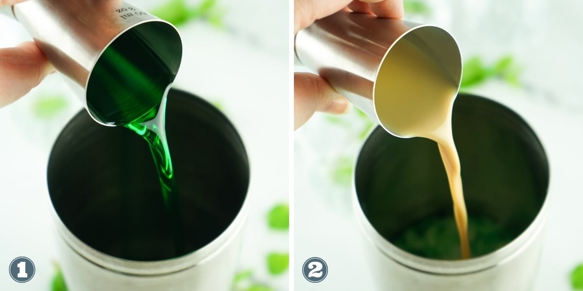 Collage of using a shaker to make Dirty Girl Scout shots.