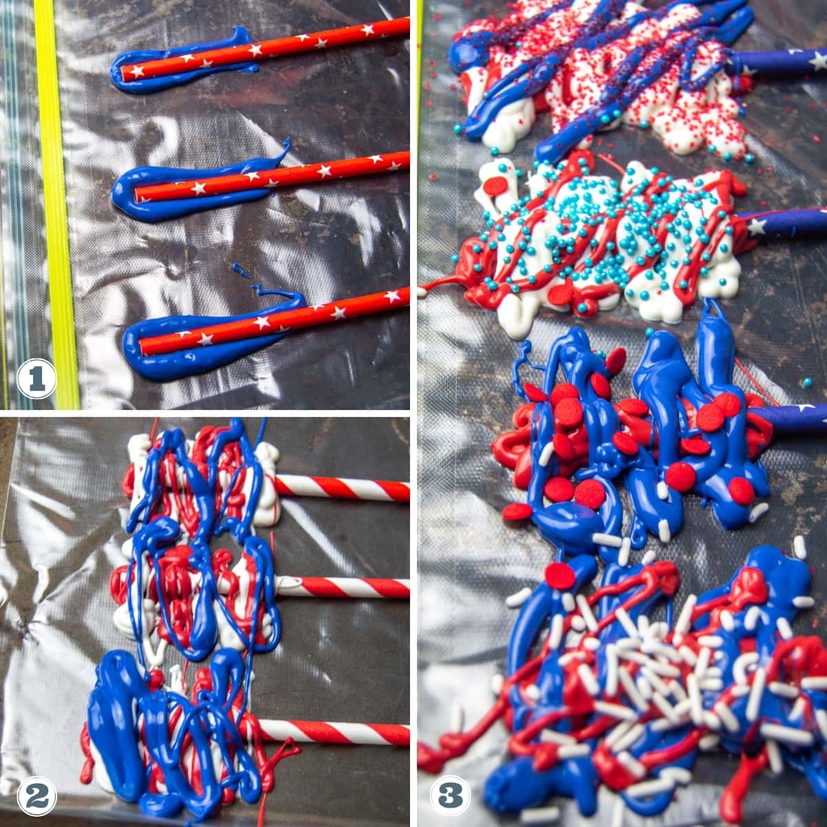 Collage of melted chocolates are being swirled into straws.