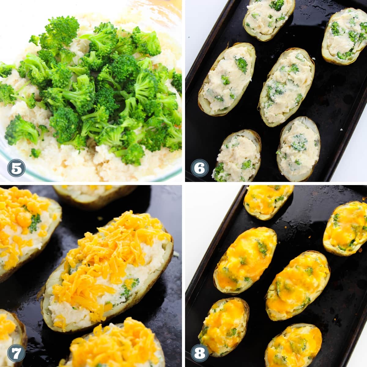 Collage of assembling Broccoli Cheddar Twice Baked Potatoes.