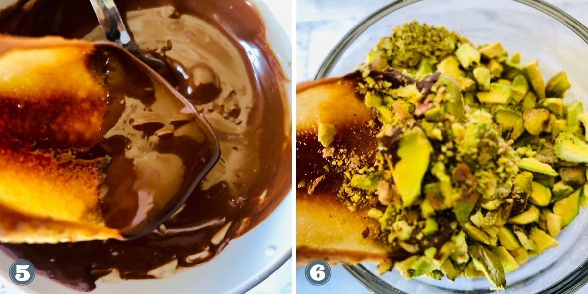 Collage of adding melted chocolate and crushed pistachios on the ends of the wonton shells.