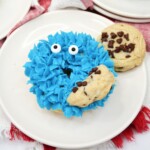 White plate with a cookie monster donut.