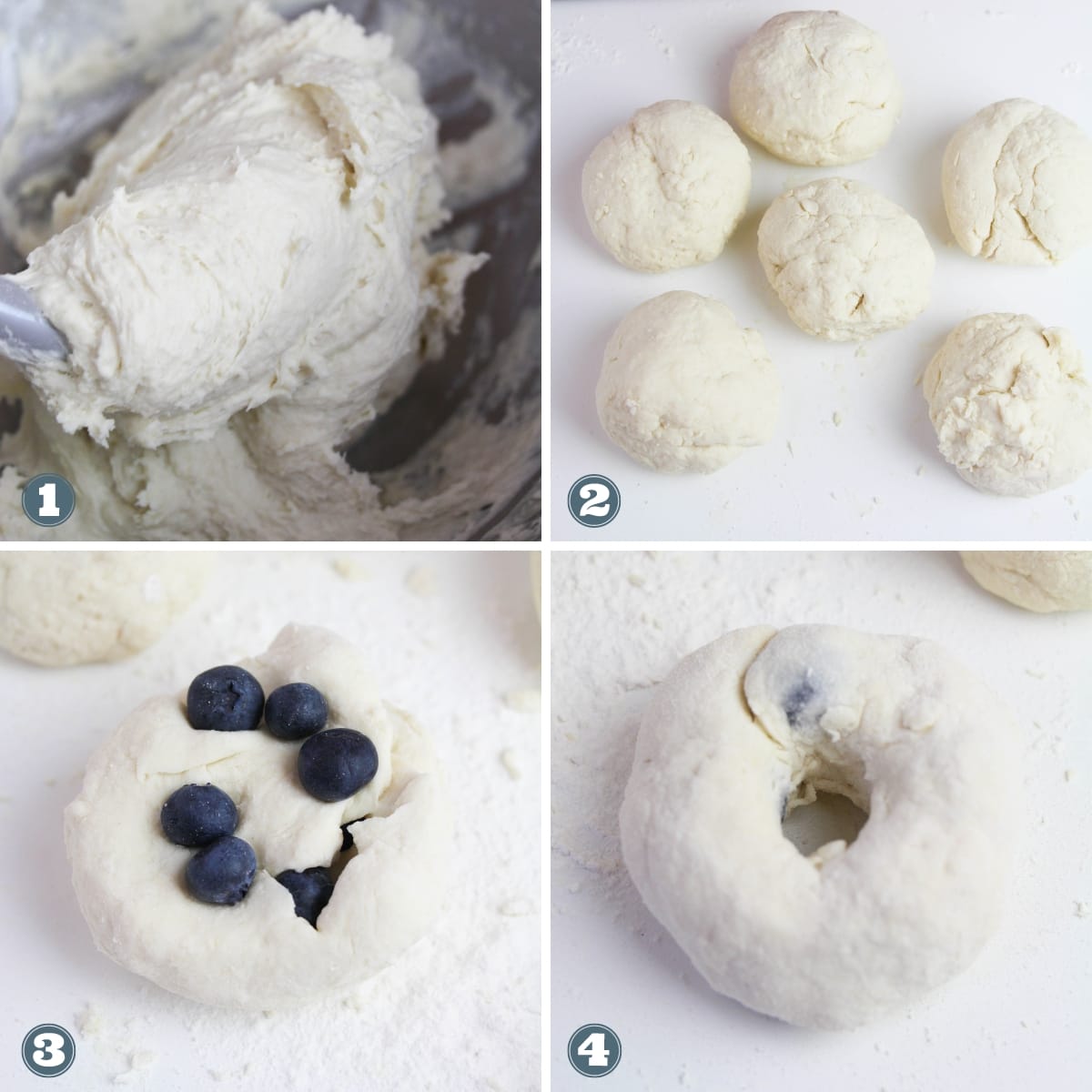 Collage of creating blueberry bagels.