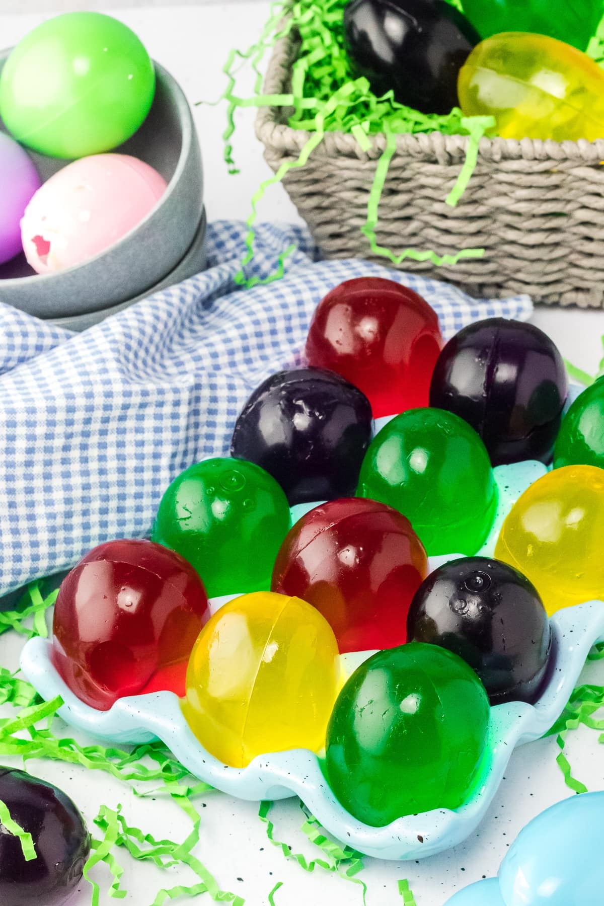 Egg shaped Jello Shots in an egg carton.