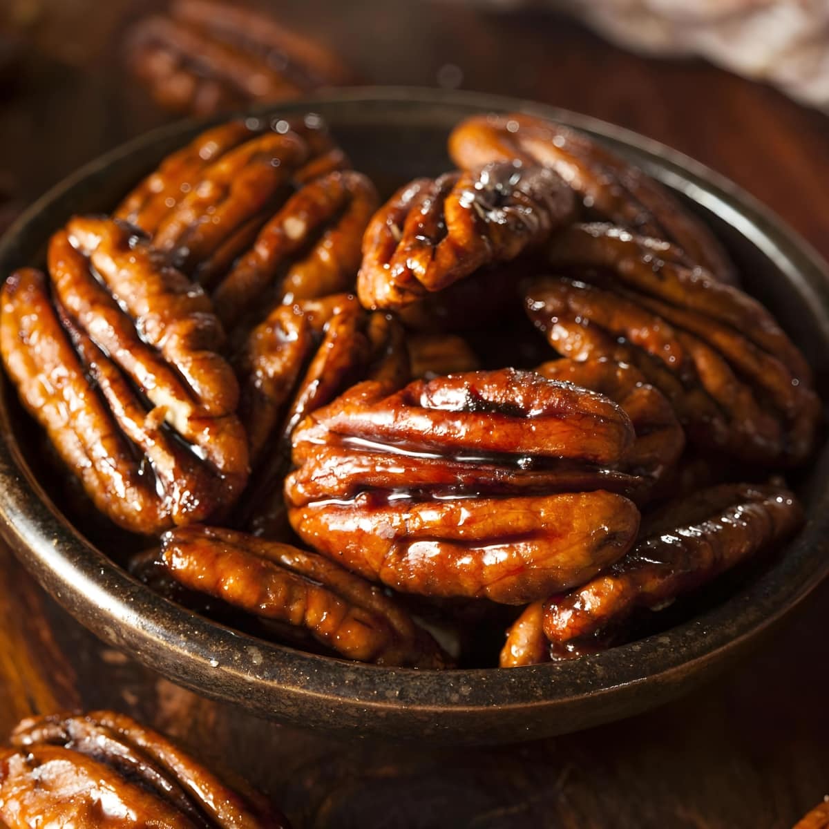 A small bowl of Candied Pecans.