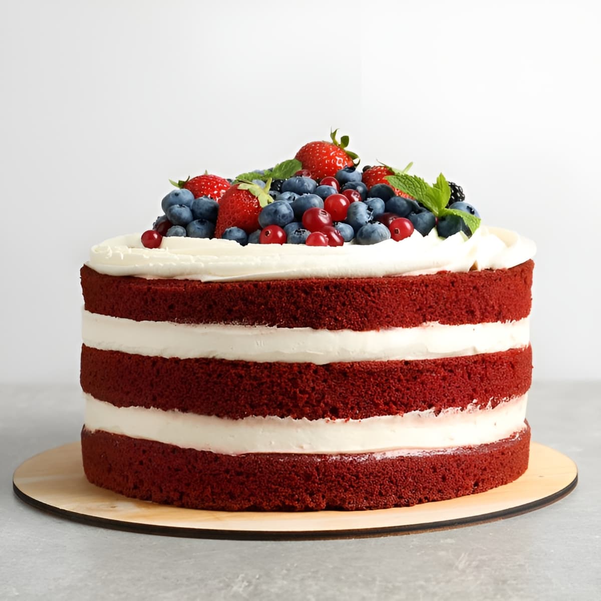 Triple Berry Layer Cake heaped with different berries.