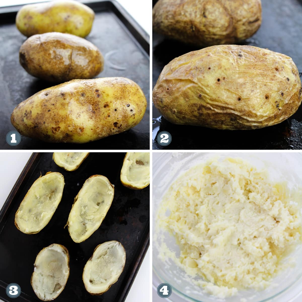 Collage of creating Broccoli Cheddar Twice Baked Potatoes.