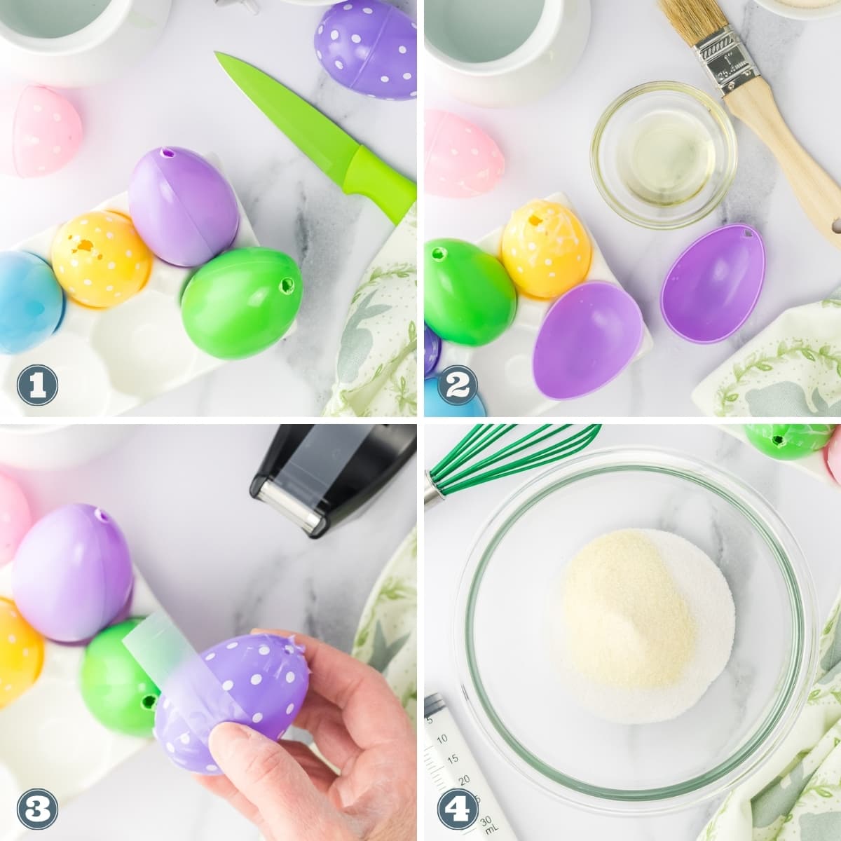 Collage of using plastic eggs to create boozy Easter egg Jello shots.