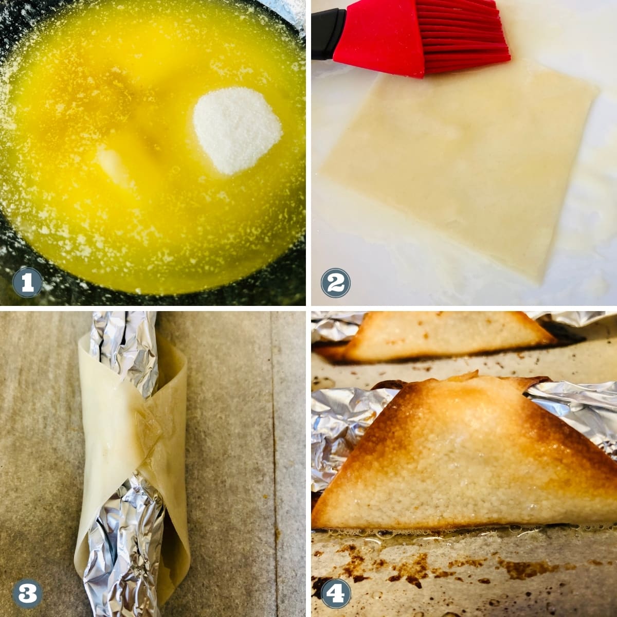 Collage of creating mini cannoli shell.
