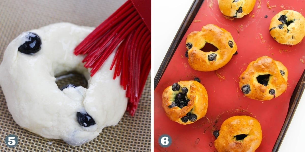 Collage of baking blueberry bagels.