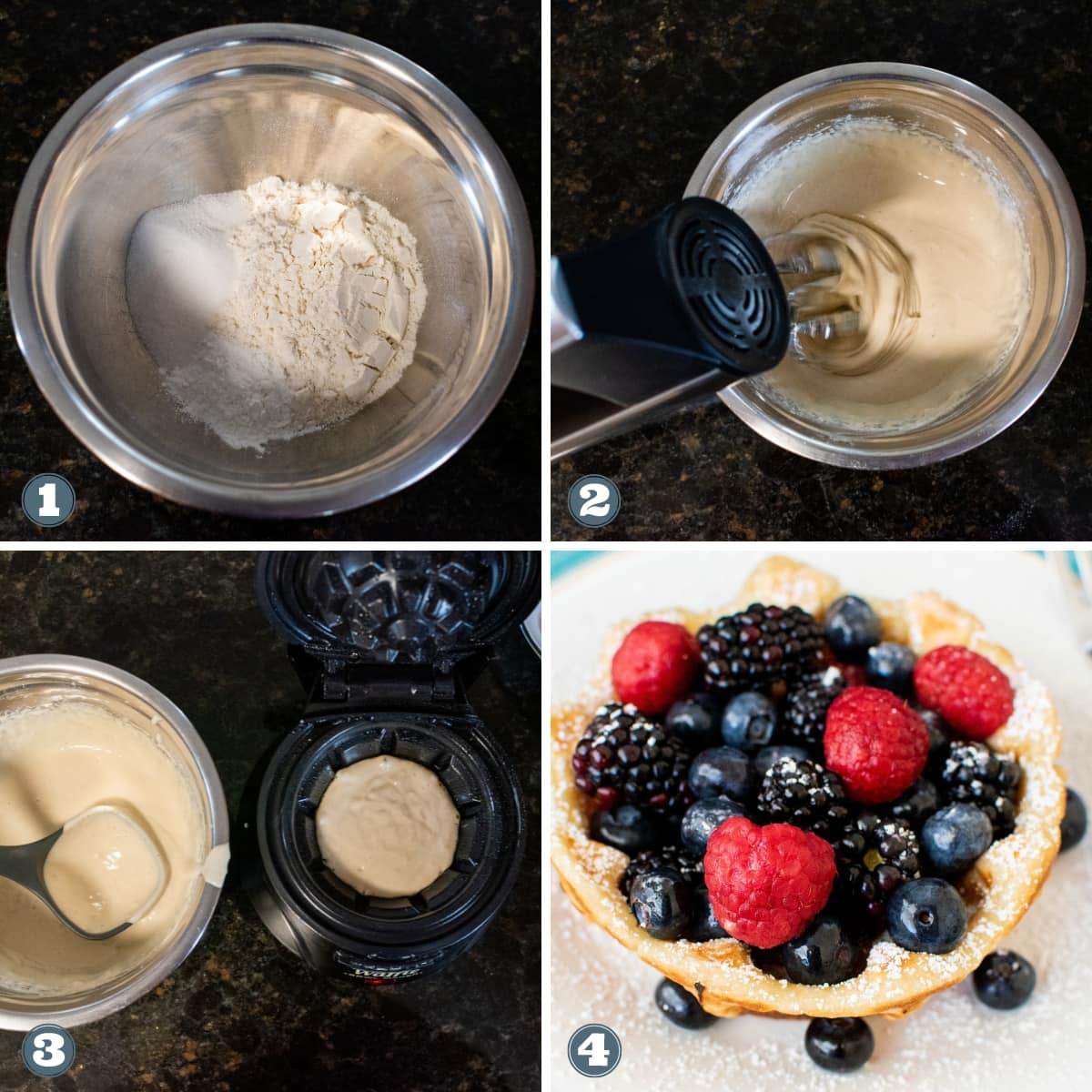 Collage of creating vegan waffle bowl.
