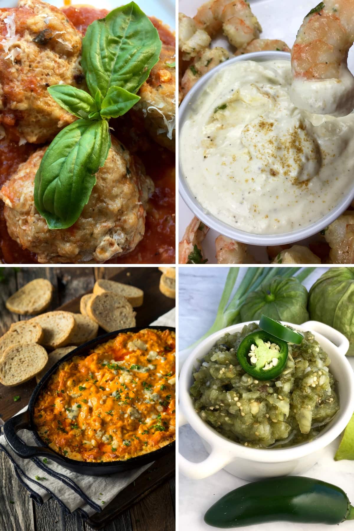 Collage of super bowl snacks including Salsa Verde.