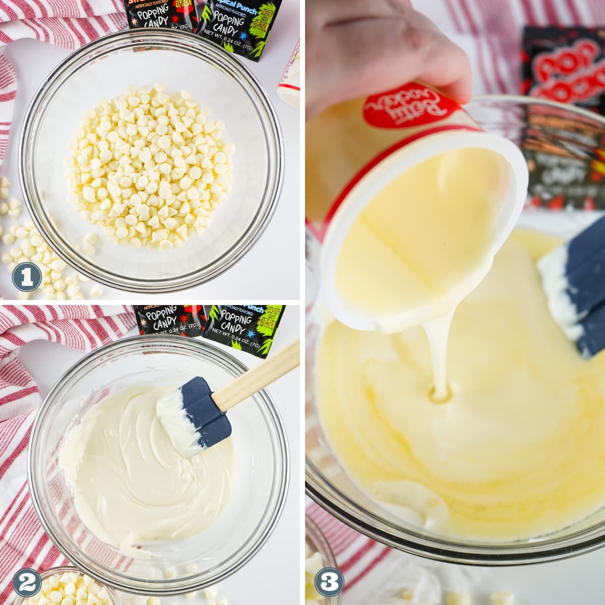 Collage of adding patriotic fudge ingredients to a glass bowl.