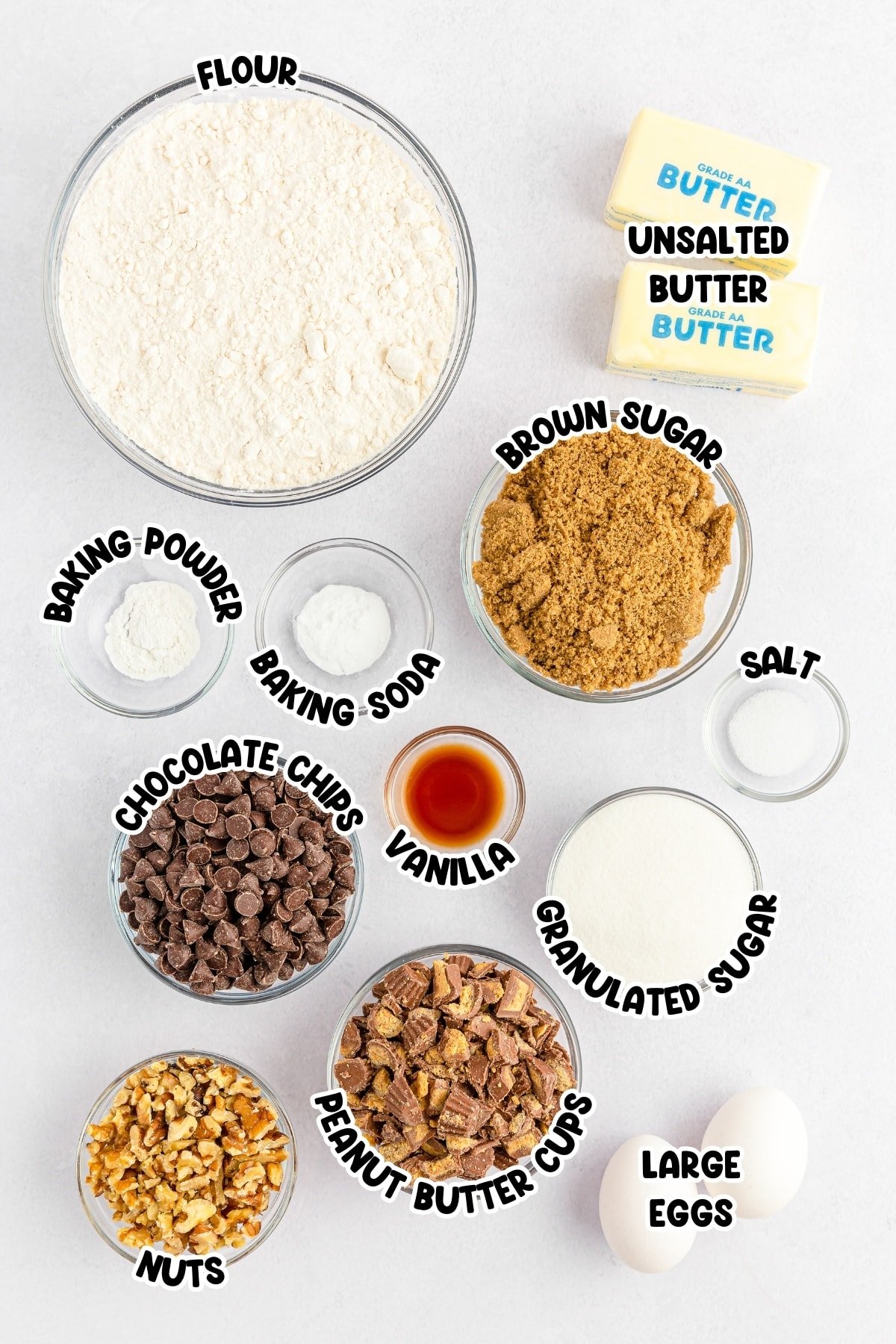 Peanut Butter Cup Cookie Bars ingredients including vanilla, brown sugar, and baking powder.