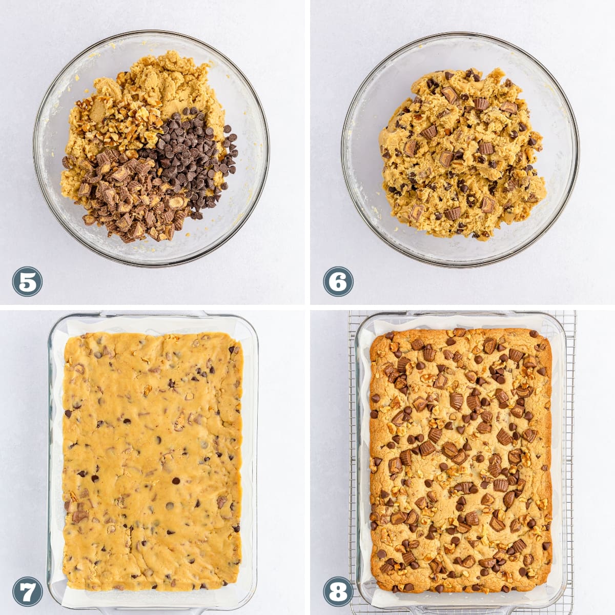Collage of cookie dough turning into peanut butter cup cookie bars.