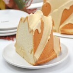 Slice of Tres Leches Bundt cake on a small white plate.