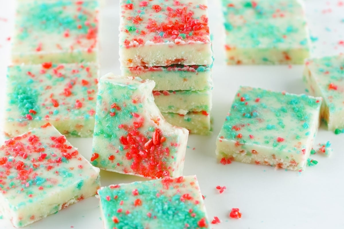 Stacked white chocolate fudge with popping candy on top.
