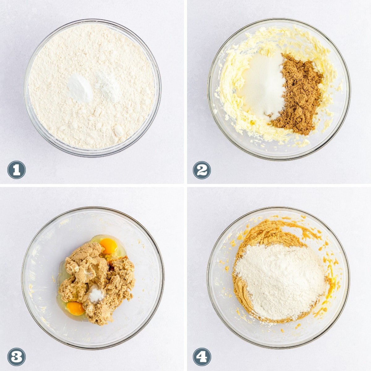 Collage of ingredients being added to a bowl to make peanut butter cup cookie bars.