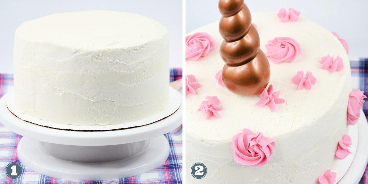 Collage of decorating unicorn themed cake.
