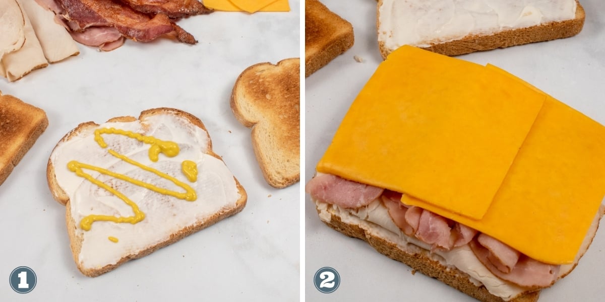 Collage of assembling a club sandwich.