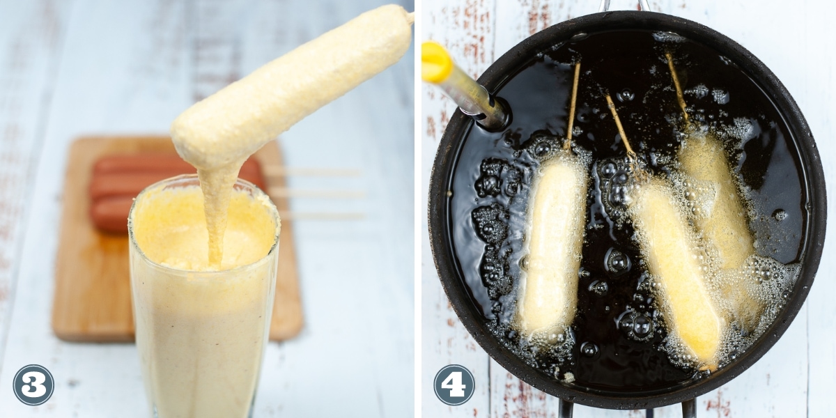 Collage of dipping the hotdog into the batter and cooking the corn dog.