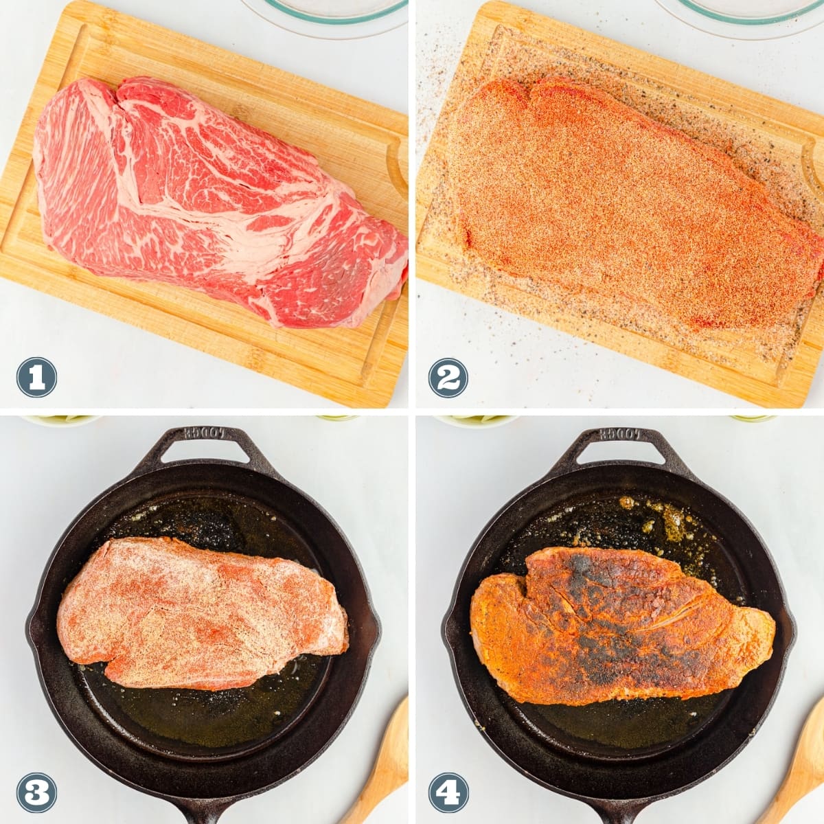 Collage of creating a pot roast in the Crockpot.