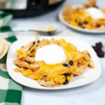 A white plate of chicken and cheese enchilada.