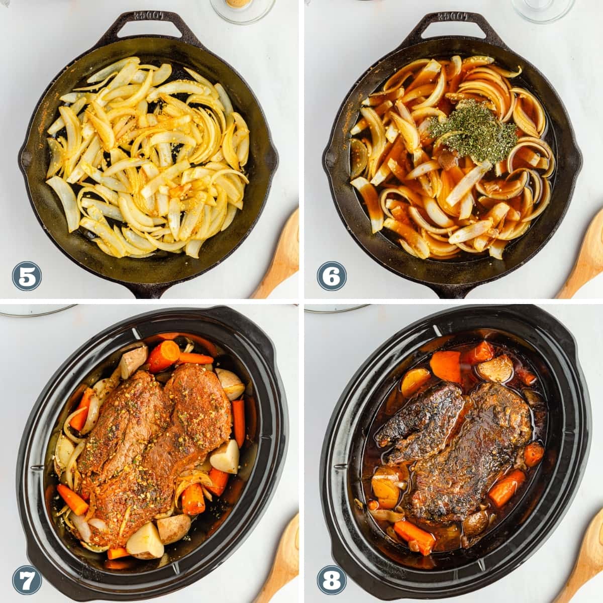 Collage of vegetables for a crockpot pot roast.