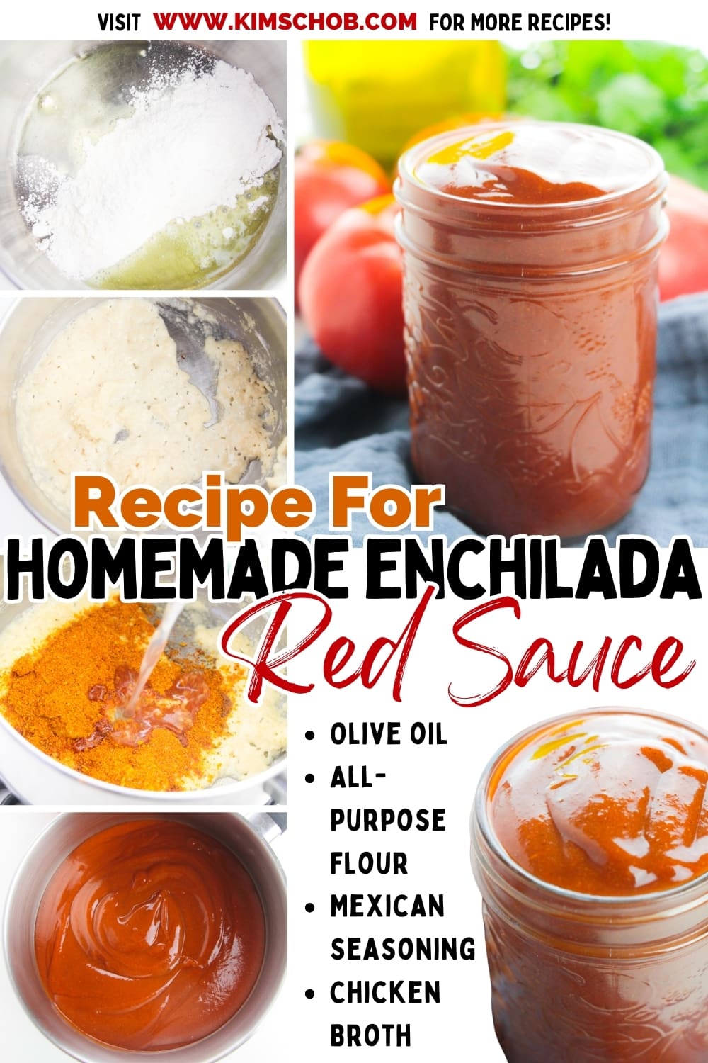 Collage of Red Enchilada Sauce with a process of how to make it.