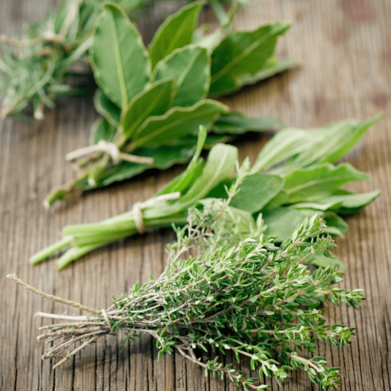 different herbs on a wood board.