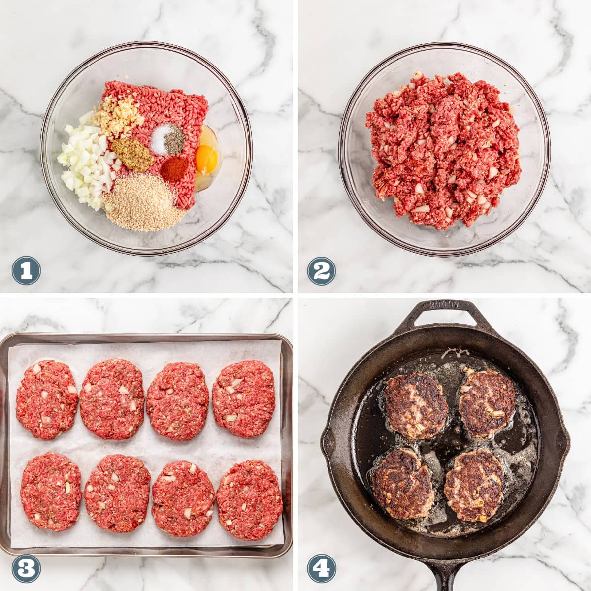 Collage of adding ingredients of hamburger steaks and cooking it.