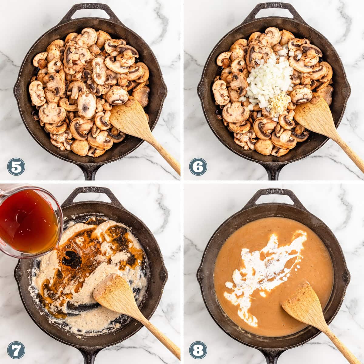 A four-step recipe sequence: sauté mushrooms, onions, and garlic in a skillet for your hamburger steak with mushroom gravy; pour liquid; stir the sauce mixture with a wooden spoon.