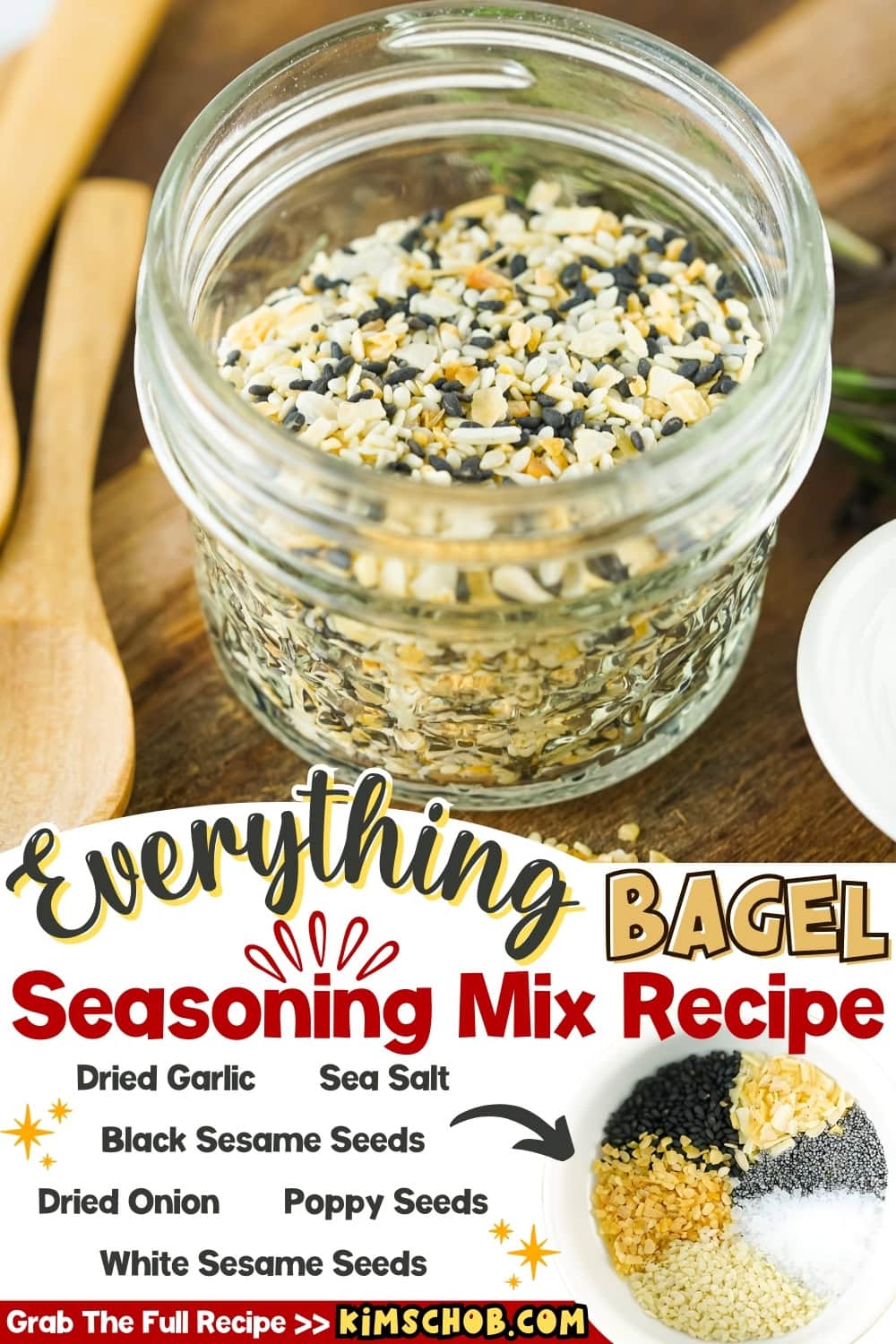 Airtight container with everything bagel sitting on a wooden board.