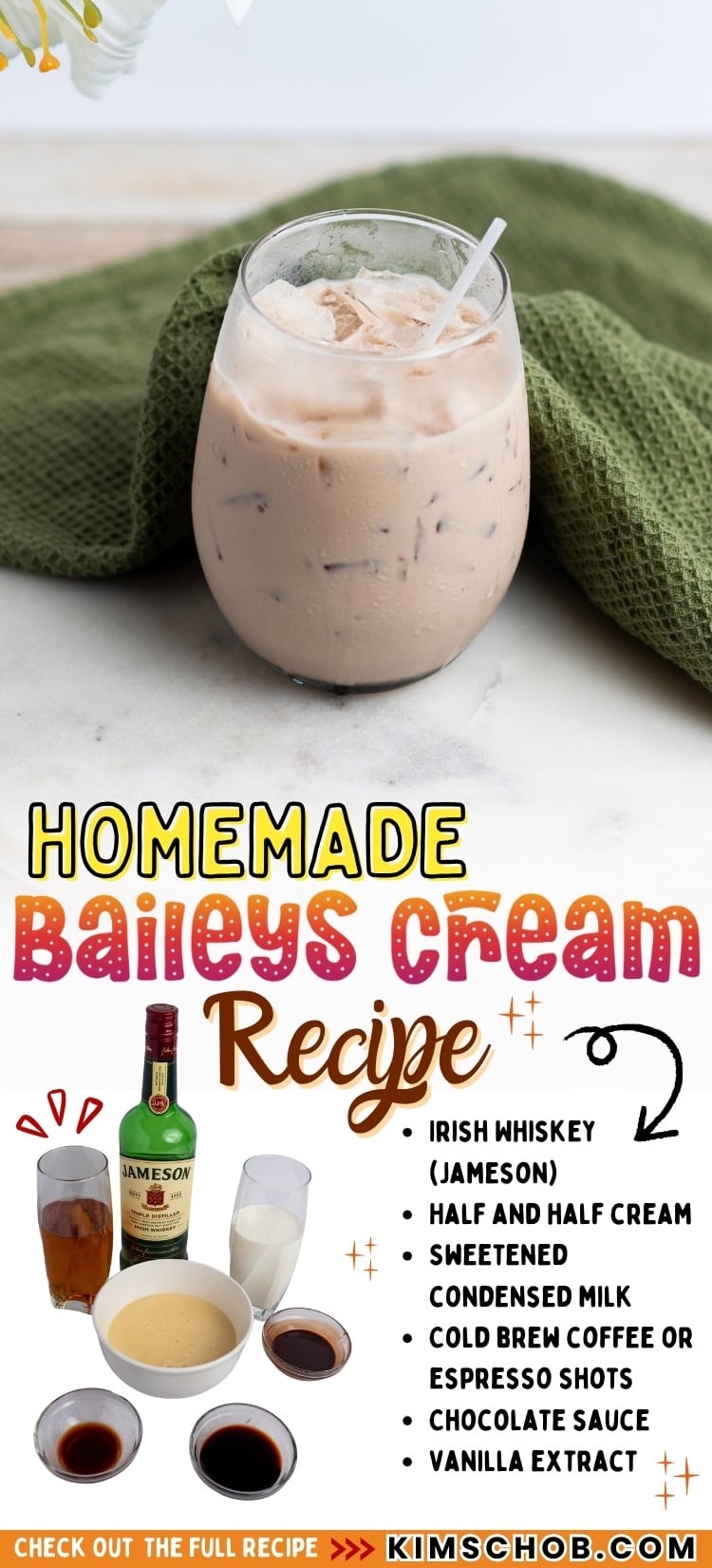 A glass of Baileys Irish Cream Liqueur with green cloth on the background.