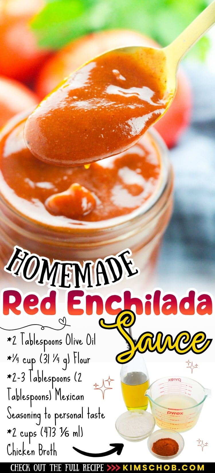 A spoon scooping the red enchilada sauce.
