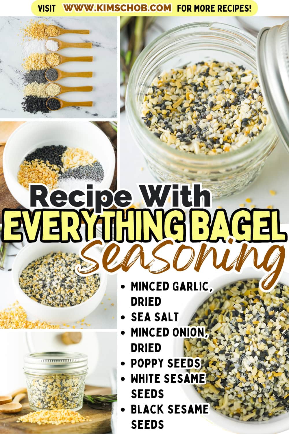 Collage of everything bagel seasoning with a process of how to make it.