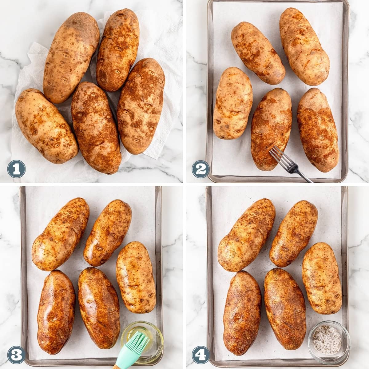 Collage of potatoes sitting on a lined baking sheet.