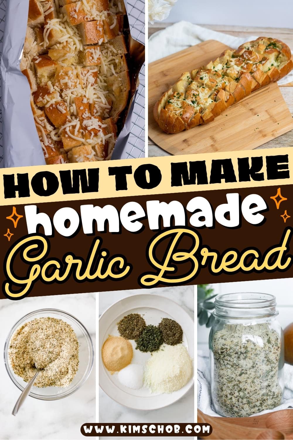 Collage of French bread with cheese and a jar of garlic bread seasoning mix.