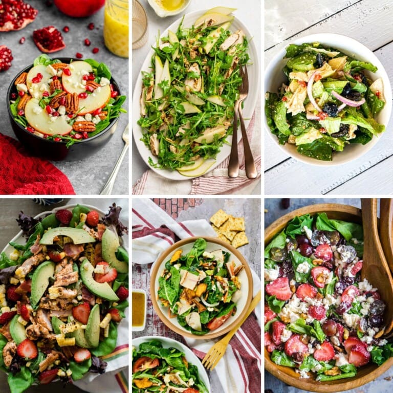 Collage of recipes for green salads including Grilled Chicken Arugula Salad.