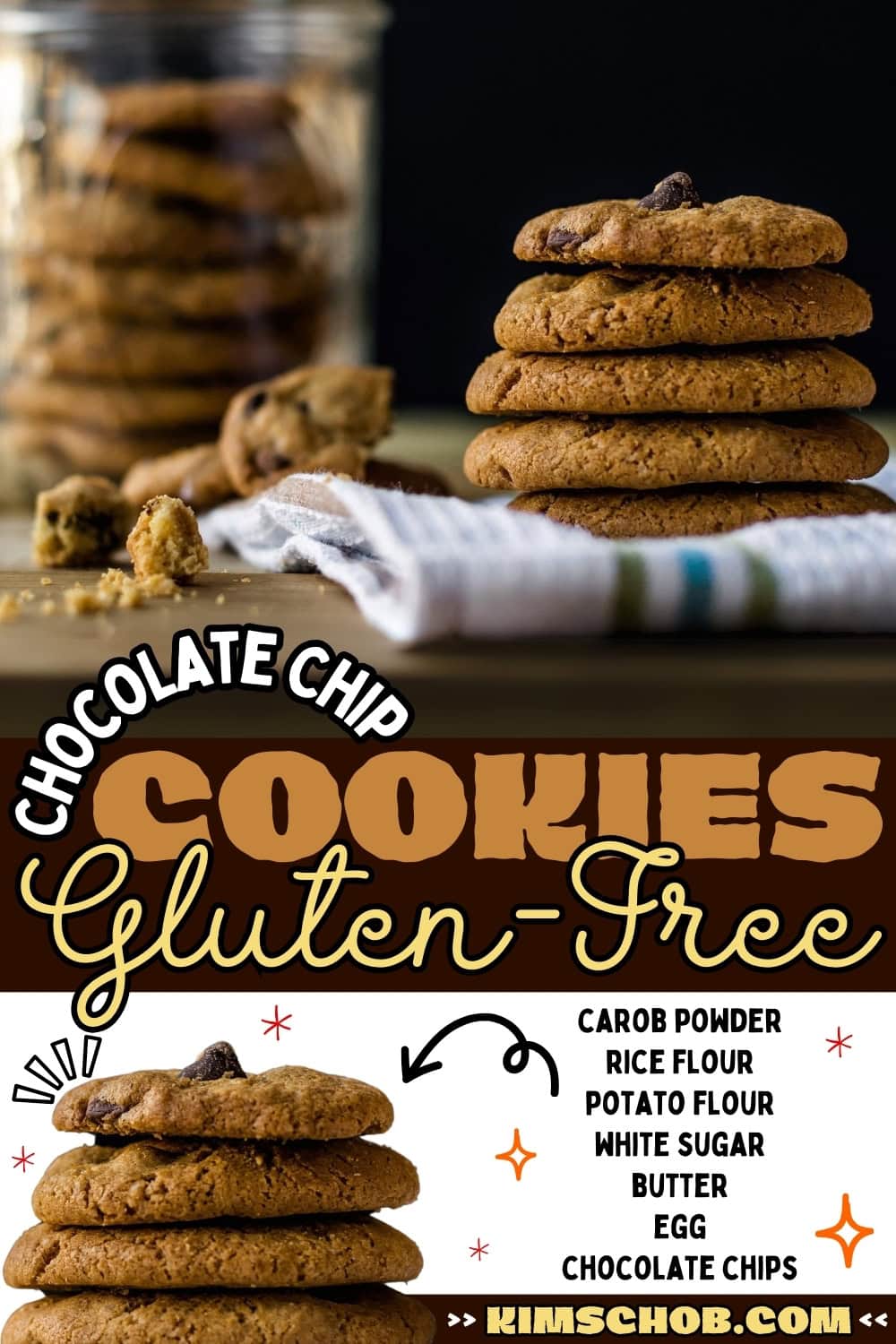 A pile of chocolate chip cookies with a jar of cookies in the background.
