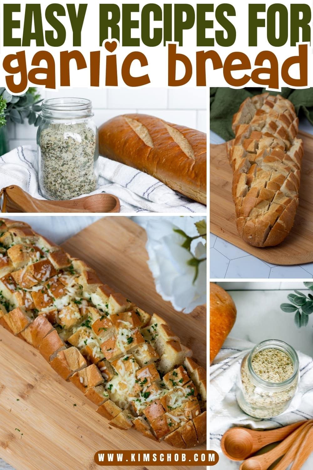 Collage of garlic bread topped with cheese and a jar of garlic bread seasoning.