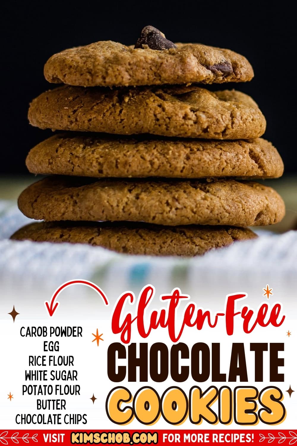Five chocolate chip cookies stacked into each other.