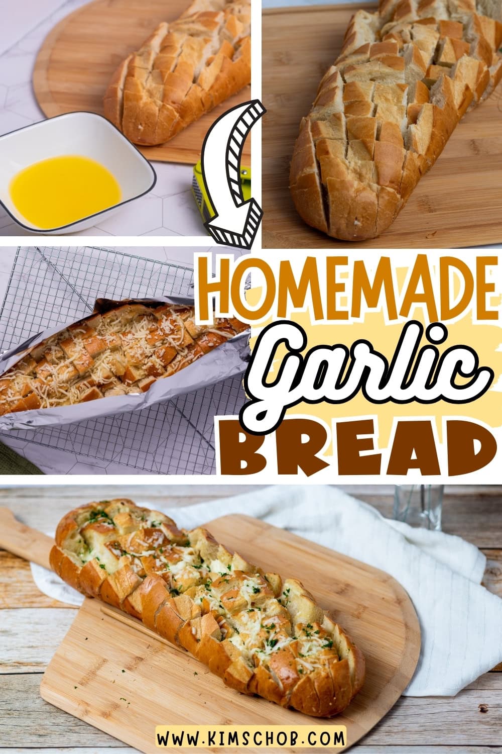 Collage of garlic bread and the process of how to make it.