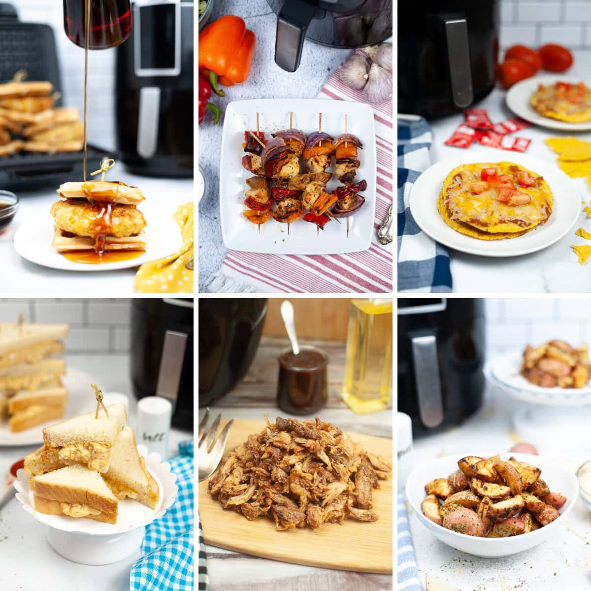 Collage of different dinner recipes using an air fryer.