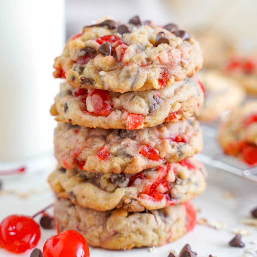 Stack of Cherry Chocolate Chip Cookies.