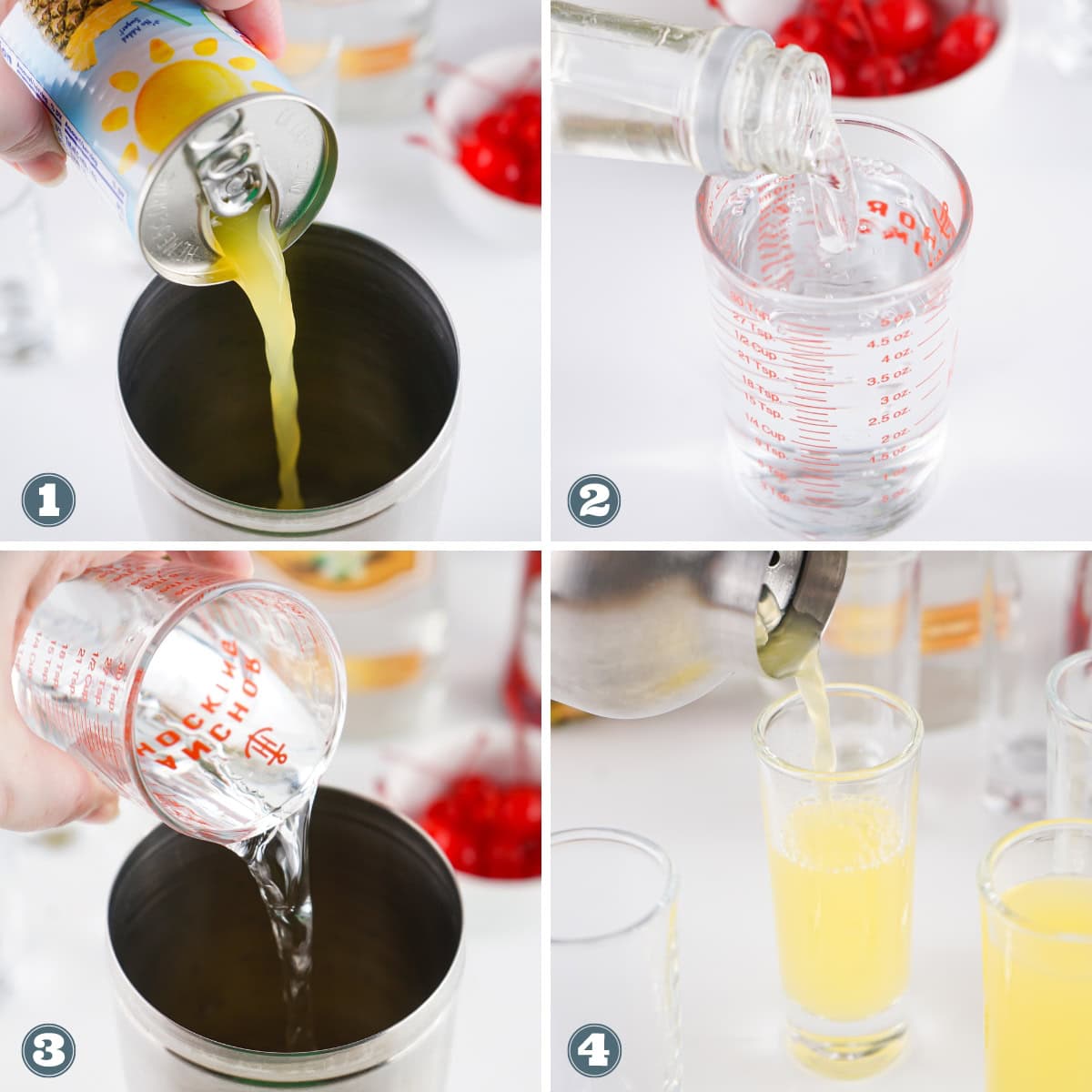 Collage of making pineapple upside down drink.